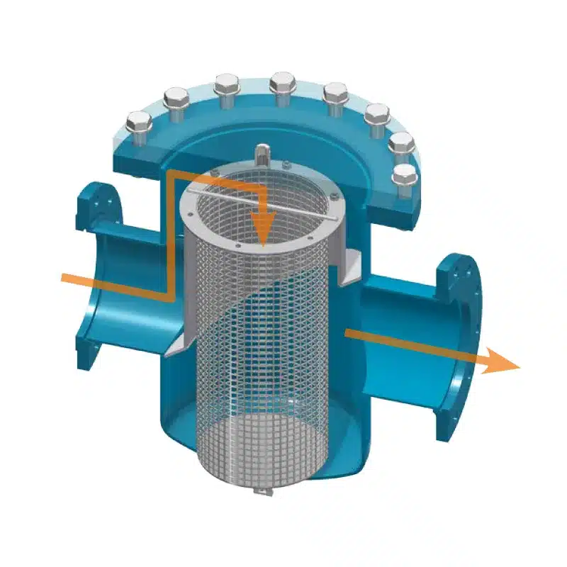 Technical drawing of the operating principle of the basket strainer with the strainer basket fitted