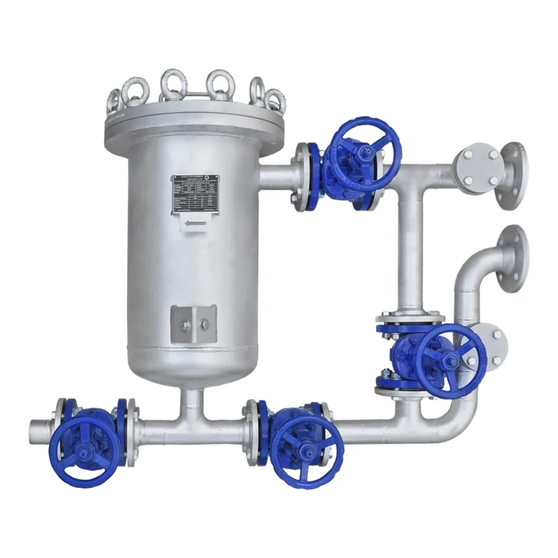 Oil strainer DN50 in carbon steel with pipework and wedge gate valves, high-temperature design