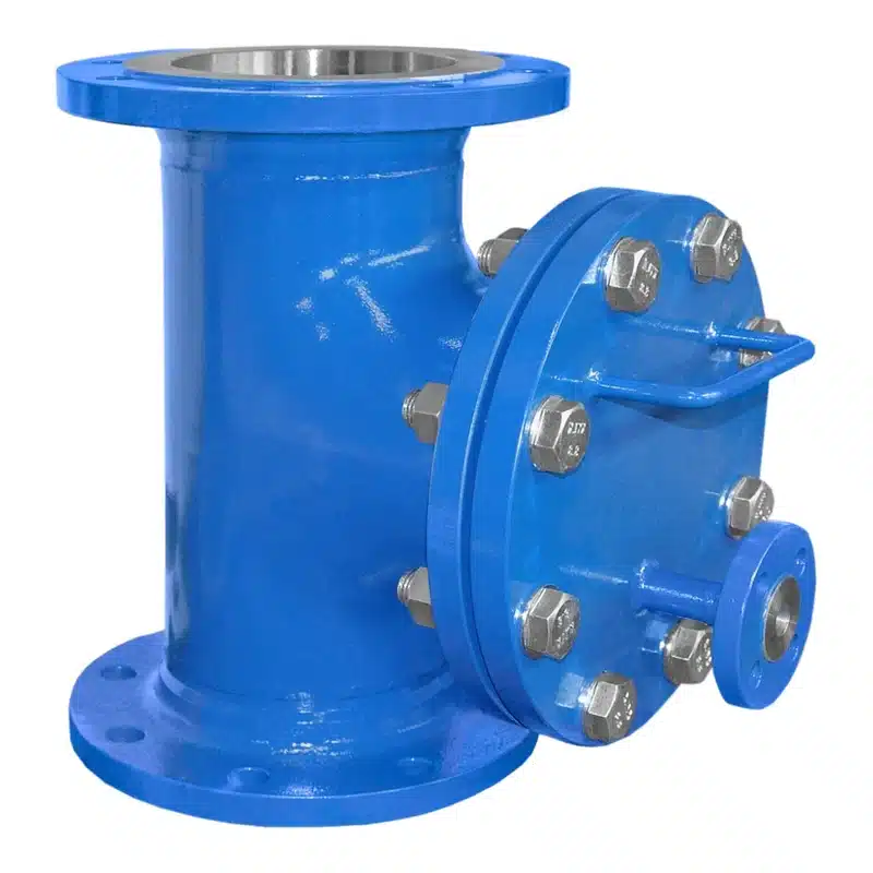 T-type strainer DN150 in carbon steel, painted RAL 5010 blue, with vent connection