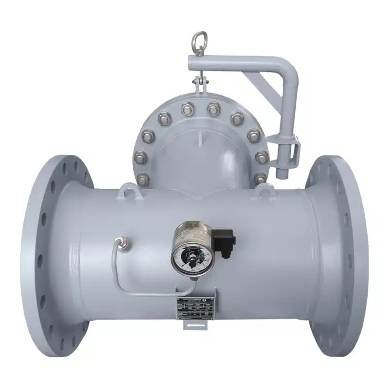 T-type strainer DN400 PN25 with quick-opening cover closure, swivel arm and differential pressure gauge