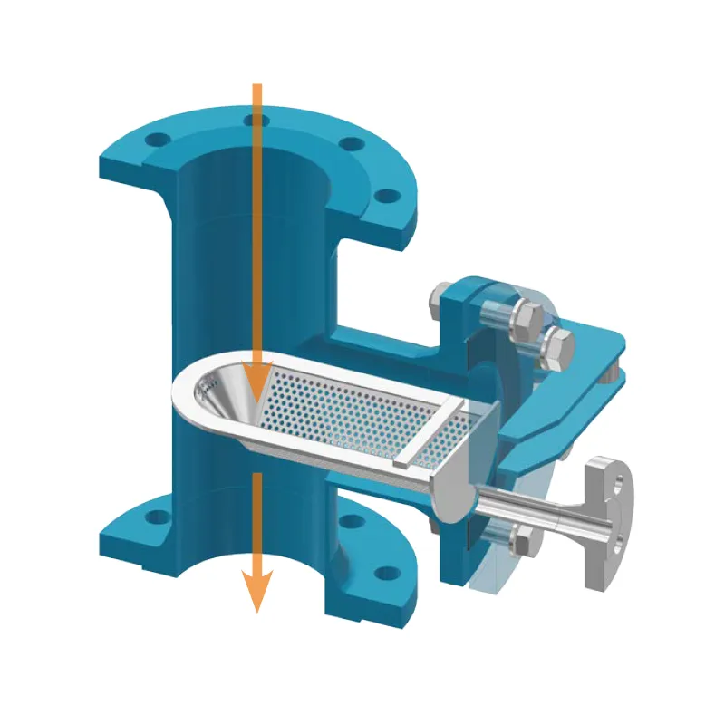 Technical drawing of the operating principle of the T-type strainer as part of the pipeline