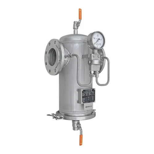 Pot type strainer DN100 in stainless steel with ball valve, differential pressure connection and vents on bottom and cover