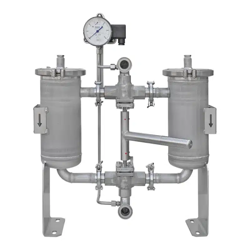 Two stainless steel pot type strainers as a twin unit with changeover