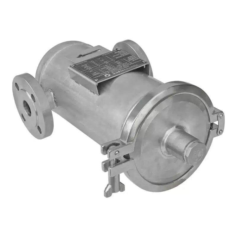 Pot type strainer DN25 in stainless steel with flanged connection and quick-opening closure