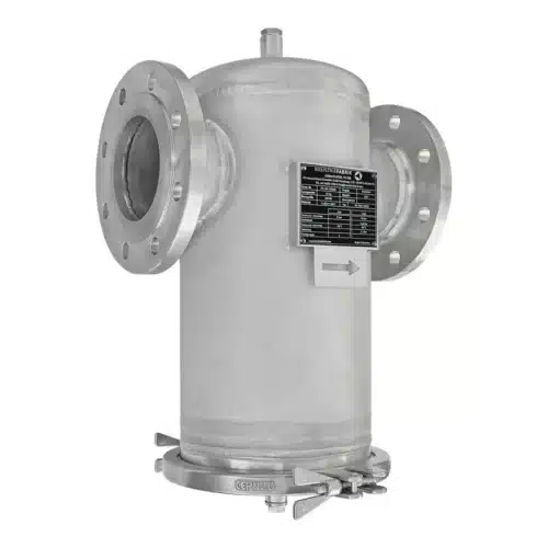 Stainless steel pot type strainer DN25 with flanged connection and quick-opening closure for easy screen change, for water treatment and process water