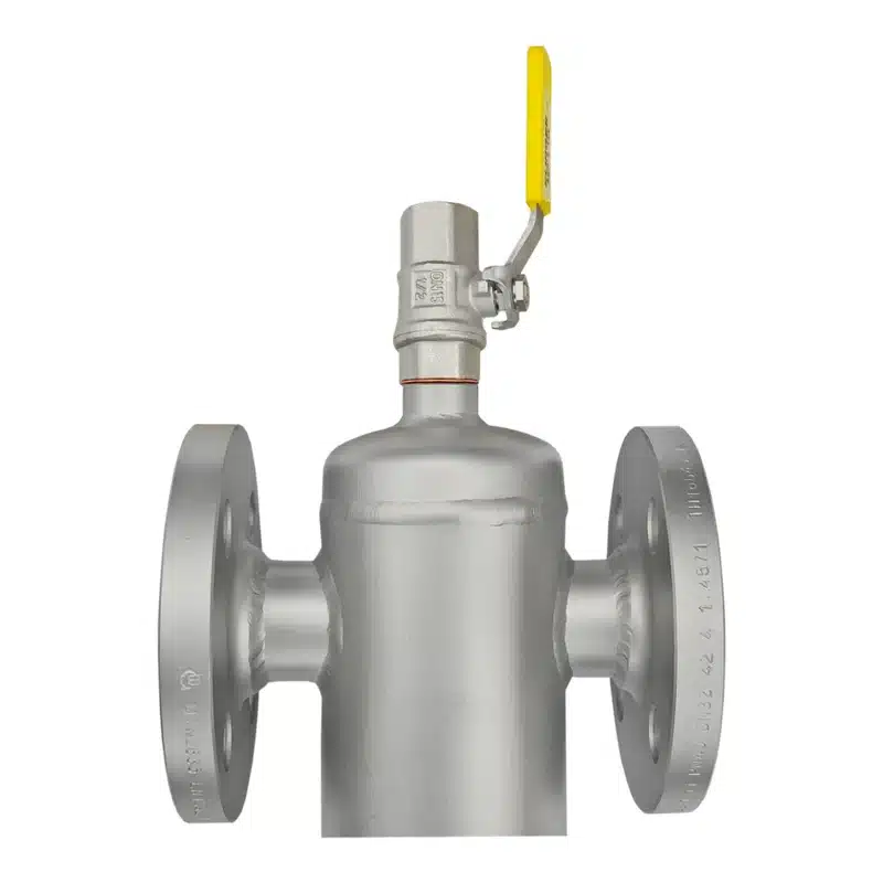 Pot type strainer in stainless steel with flanges, vent and ball valve