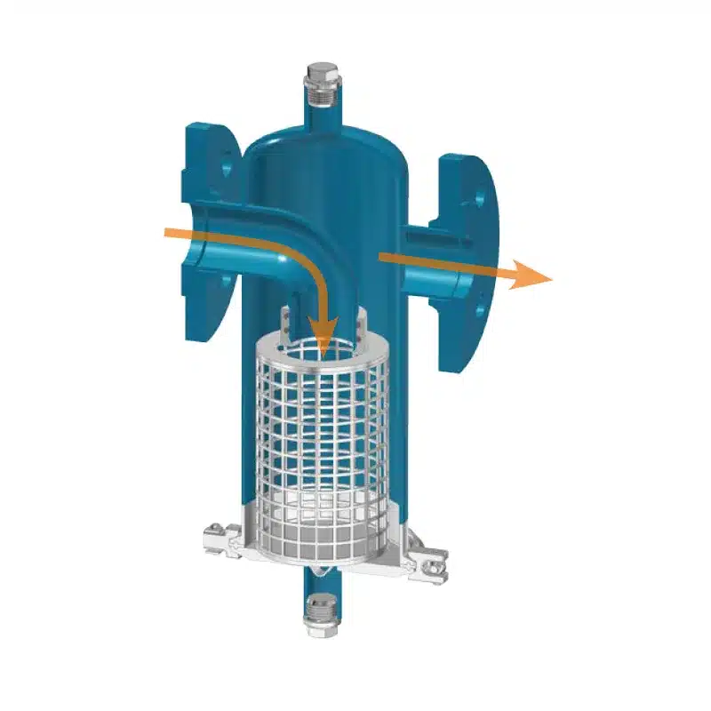 Sectional drawing of the pot type strainer: suspended strainer basket in the housing