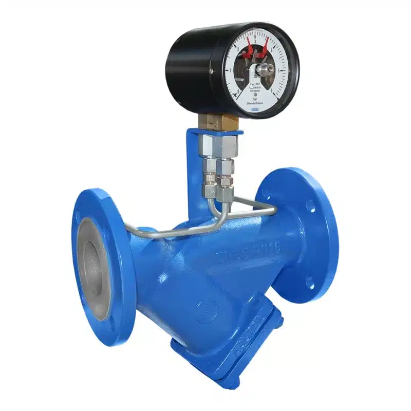 Y strainer DN65 in Y-pattern design in carbon steel, painted blue, with differential pressure gauge