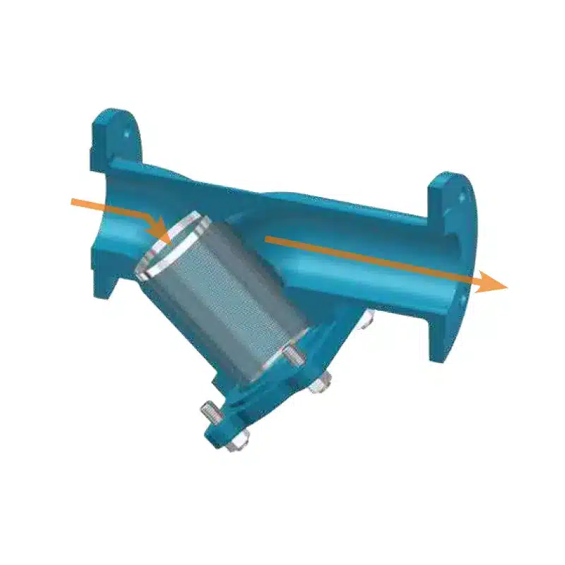 Technical drawing of the Y strainer with operating principle and replacement screen lying at an angle in the flow path