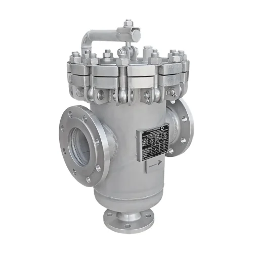 Basket strainer DN100 PN16 in stainless steel with quick-opening cover and flanged drain, for acids and alkalis in the chemical industry