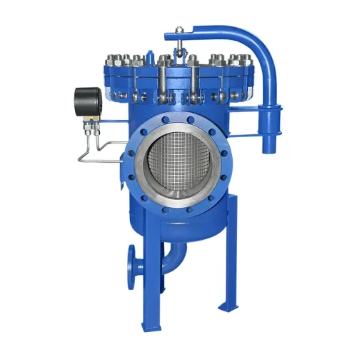 Basket strainer DN200 in carbon steel, painted RAL 5010 blue, with quick-opening closure via eye bolts, swivel arm, differential pressure gauge and coarse strainer element