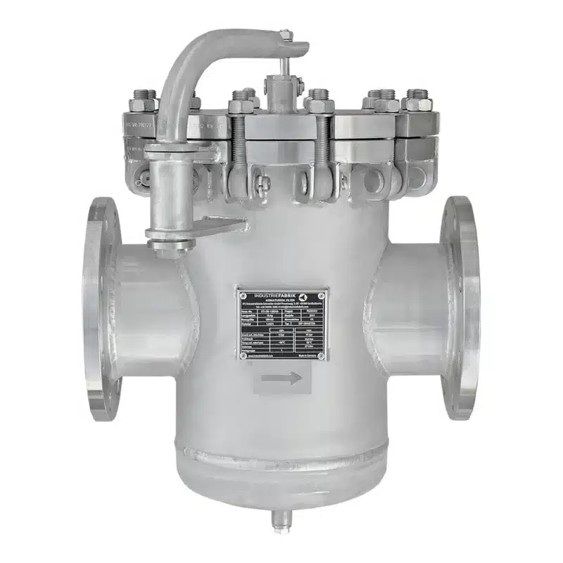 Basket strainer DN150 PN16 in stainless steel with quick-opening closure and cover lifting and swivel device for oils and thermal oils