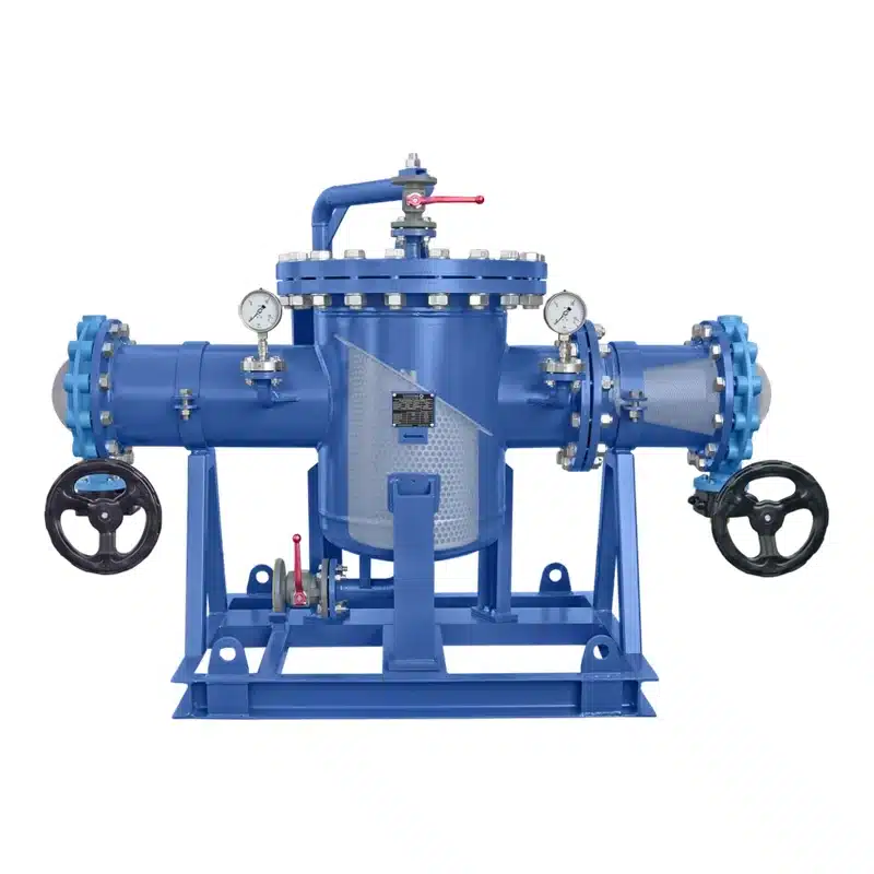 Skid-mounted basket strainer DN250 PN16 with witch hat strainer as pre-strainer, fine mesh screen and butterfly valves