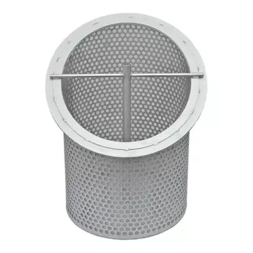 Strainer basket and stainless steel strainer elements for the basket strainer in various mesh sizes, also as spare part