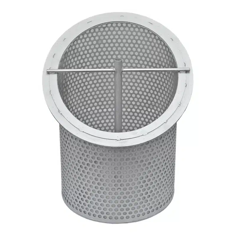 Strainer basket and stainless steel strainer elements for the basket strainer in various mesh sizes, also as spare part