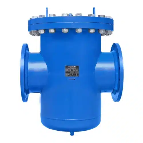 Carbon steel basket strainer, painted RAL 5010 blue, with lifting lug for process water and water treatment