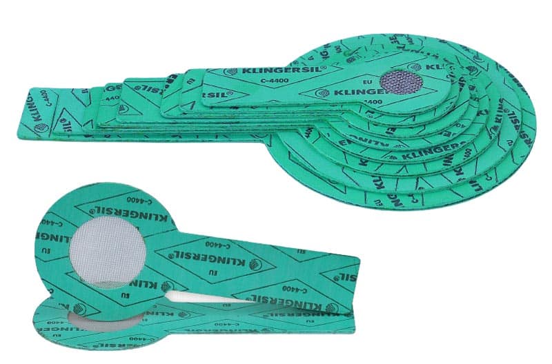 Strainer gaskets and flat plate strainers as debris screens, DN15 to DN250, PN10 to PN40, gasket in graphite with tanged steel insert, Klingersil, AFM 34 or Klinger Quantum