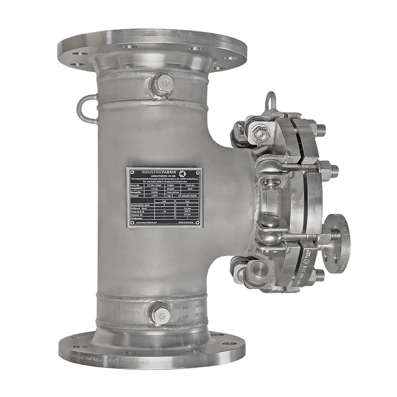 T-type strainer DN150 PN10 in stainless steel with quick-opening closure using eye bolts, here for nitrogen and gases