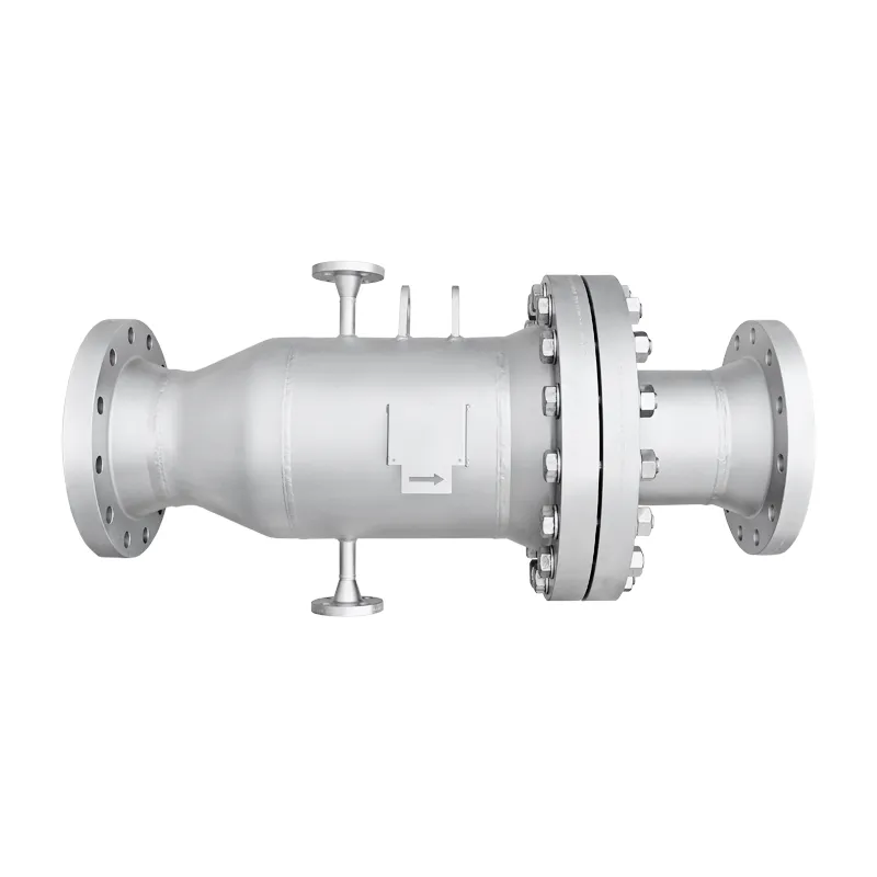Pipeline strainer in stainless steel, 8 inch Class 300, as a tubular filter forming a direct part of the pipeline
