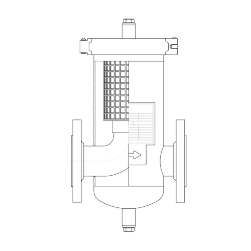 Technical drawing of the pot type strainer in upright installation position