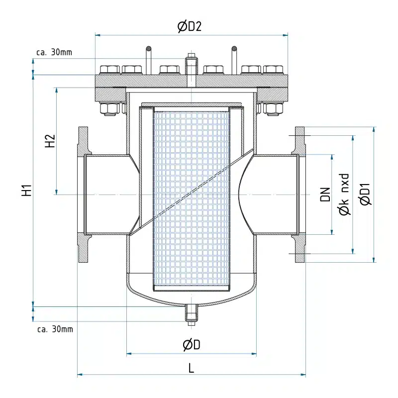 Technical drawing of the basket strainer with the dimensions of the series, part 1