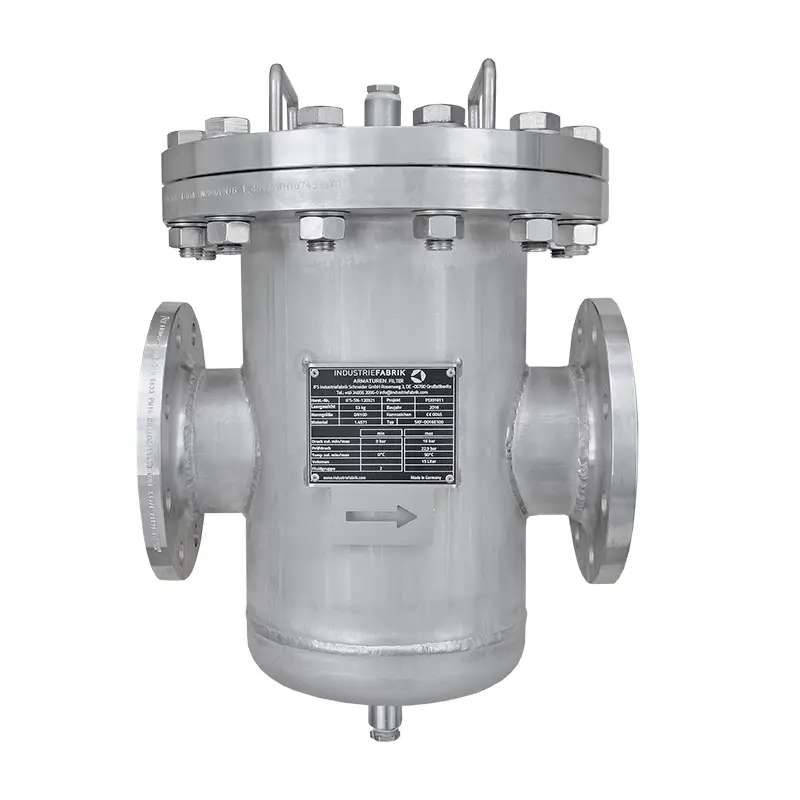 Basket strainer DN100 PN16 in stainless steel 1.4571 with 250 µm mesh size, designed as a gas strainer for nitrogen