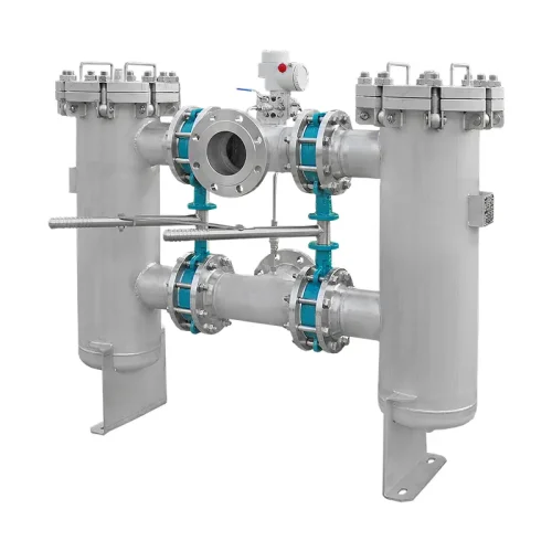 Duplex strainer as changeover strainer, DN100 PN16 in stainless steel with manually operated butterfly valves for solids and slurries