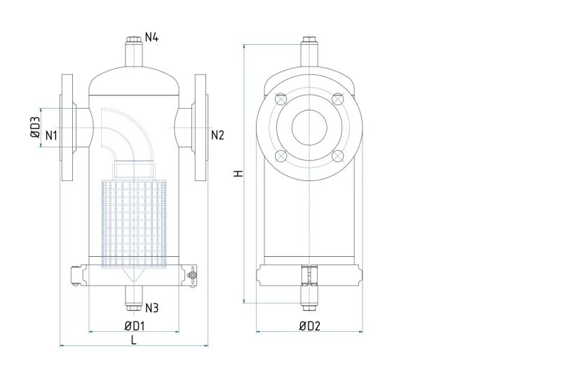 Technical drawing of the pot type strainer with the dimensions of the series