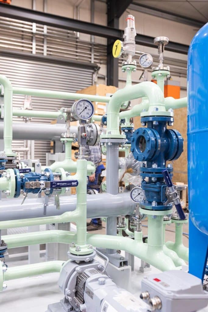 Skid process unit with piping, ball valve and pressure gauge: temporary strainers such as flat plate strainer, witch hat strainer and strainer gasket protect it at start-up